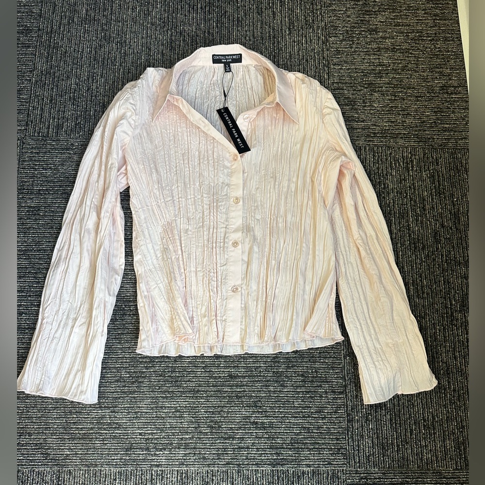 Central Park West Revolve Pink Crinkle Button-Up Blouse